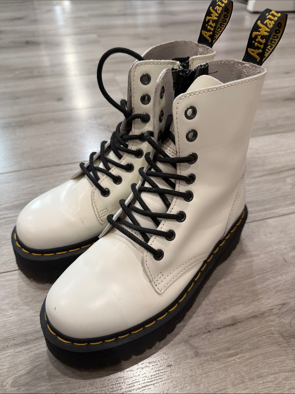 Dr. Martens White Leather Lace-Up Platform Boots with Black Laces